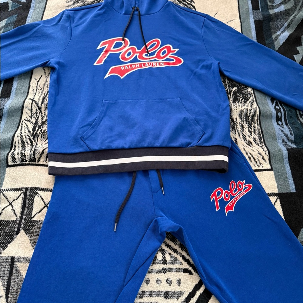 Polo Ralph Lauren Double Knit Cursive Script Royal Blue/Red Hoodie & Joggers Set
